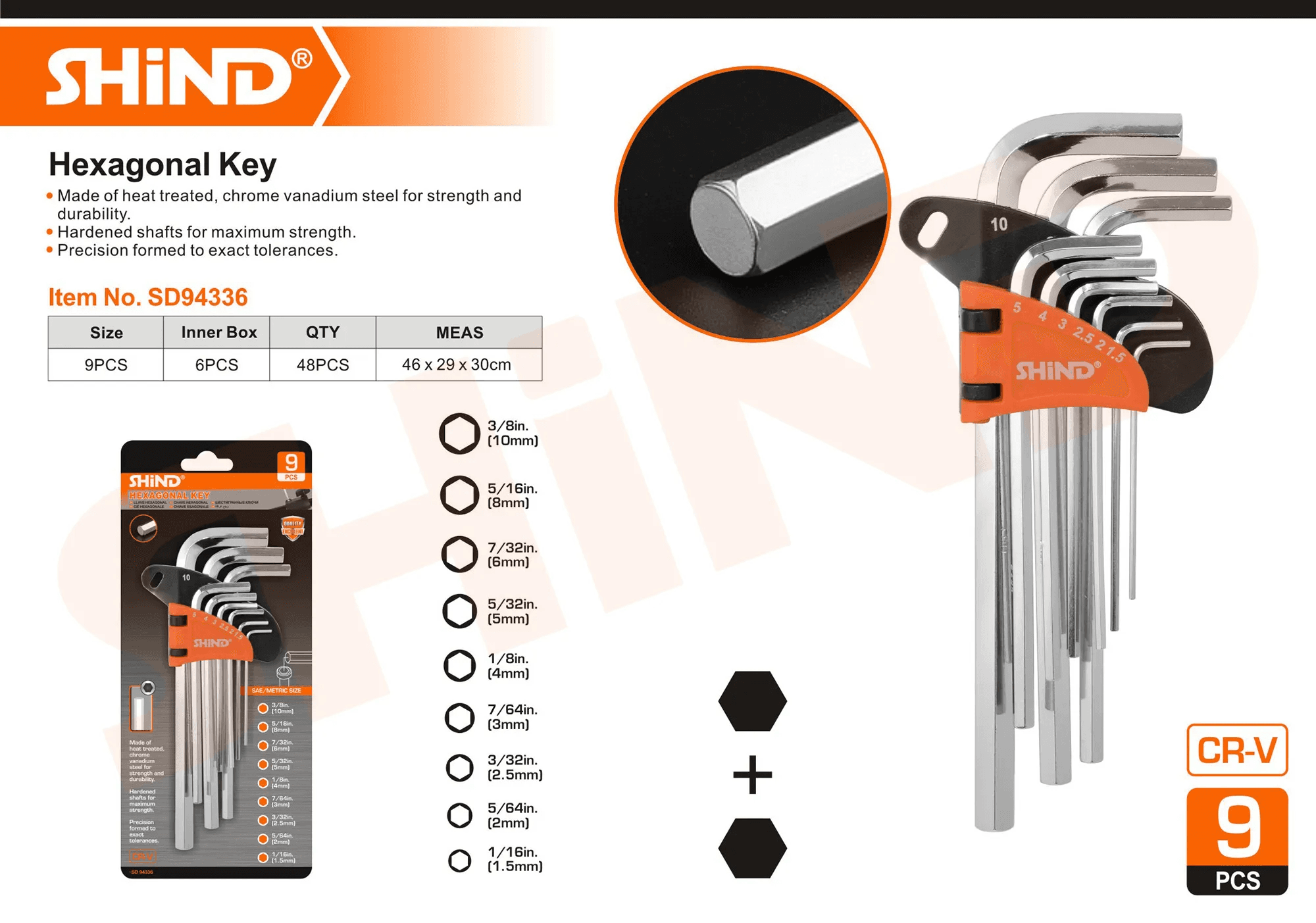 Shind - 9 Pcs Hexagon Allen Key Flat