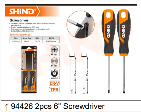 Shind 2 Pcs Set Screwdrivers 6"-150mm