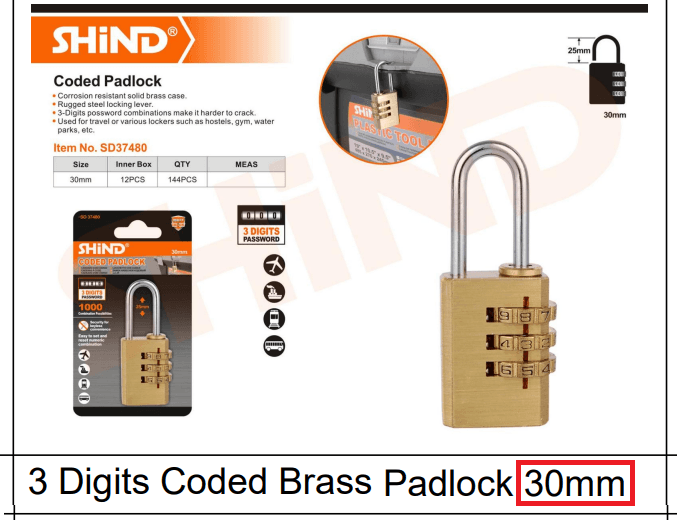 Shind 3 Digits Coded Padlock 30mm
