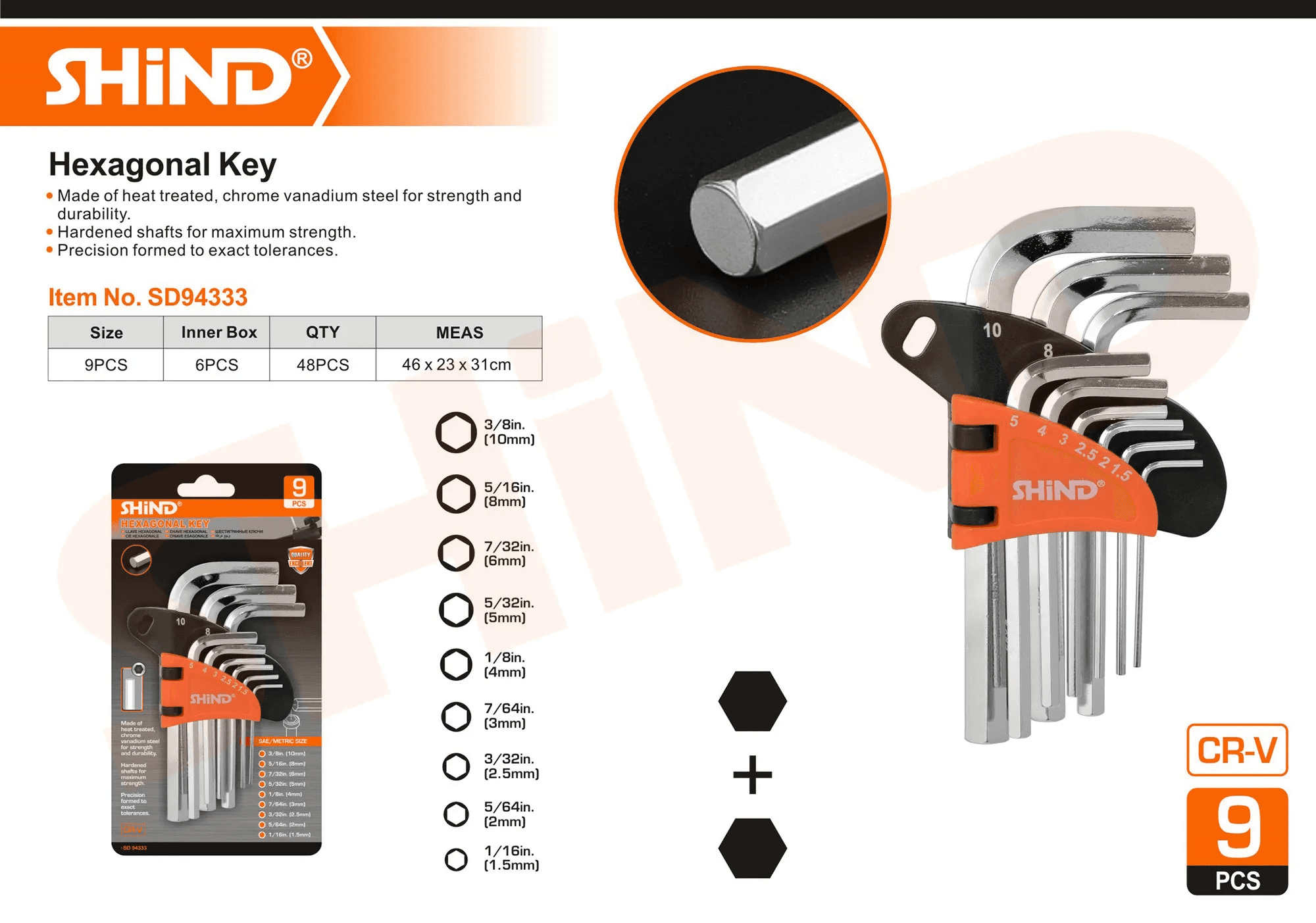 Shind - 9 Pcs Hexagon Allen Key Flat