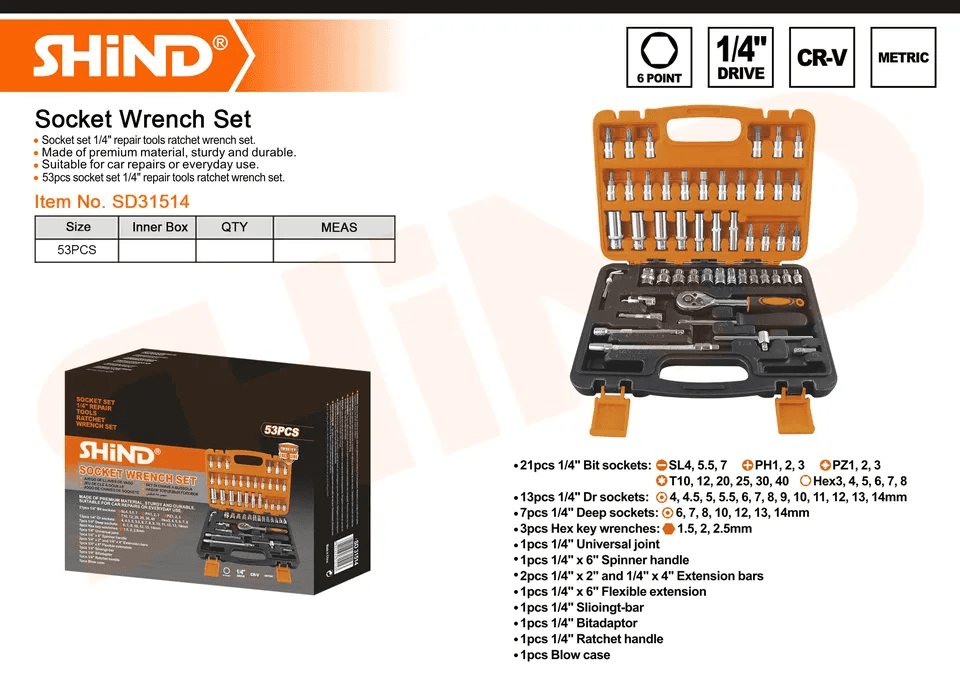 Shind-1/4" Drive 53 pcs Ratchet Wrench Socket Set
