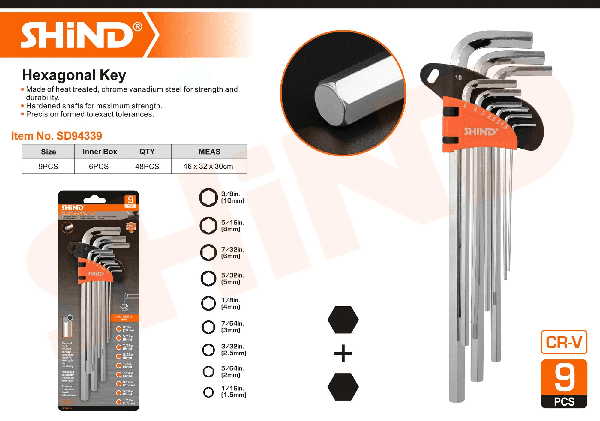 Shind - 9 Pcs Hexagon Allen Key Flat